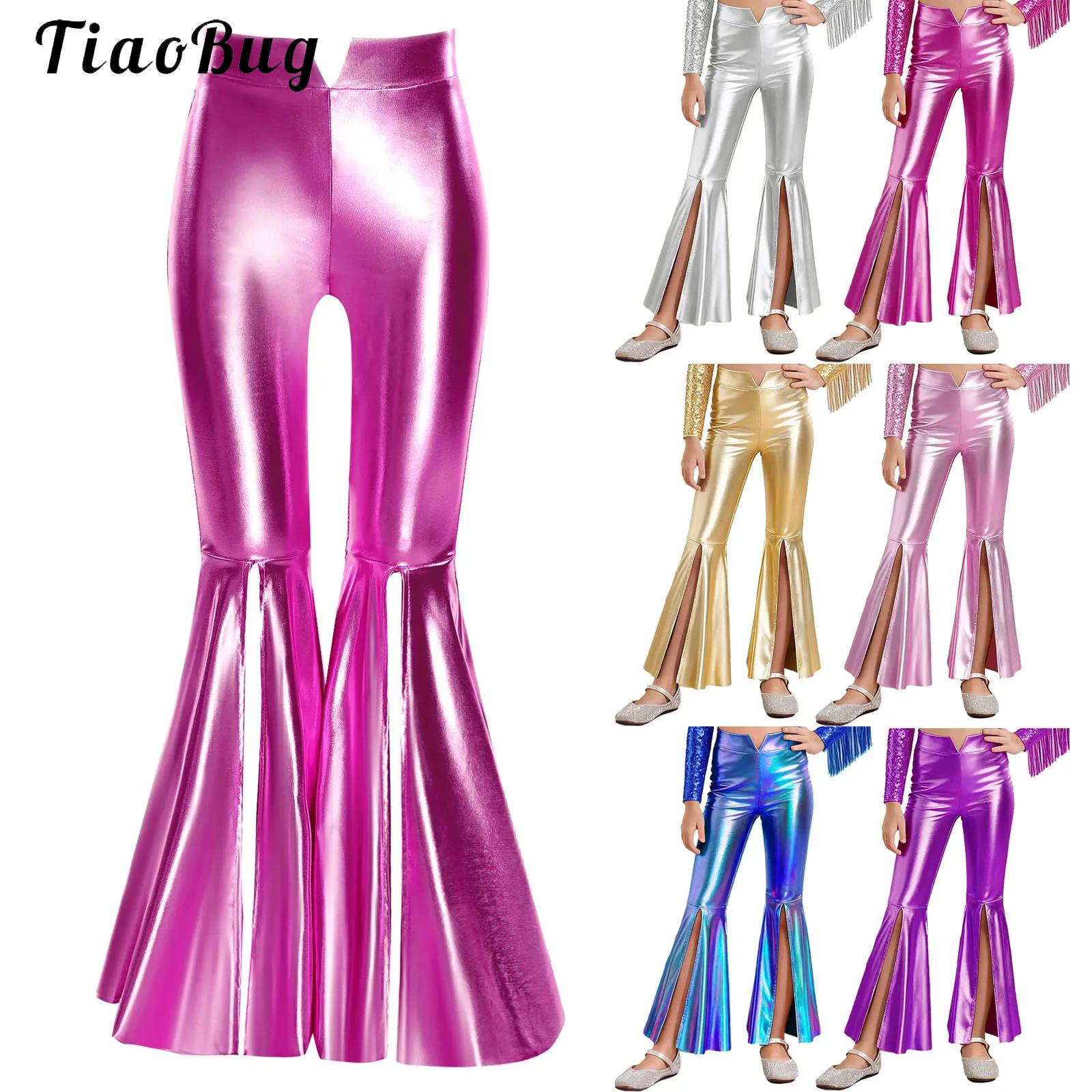 Wide Leg Trouser 70S - Girls Glossy Metallic Leggings Shiny Flare