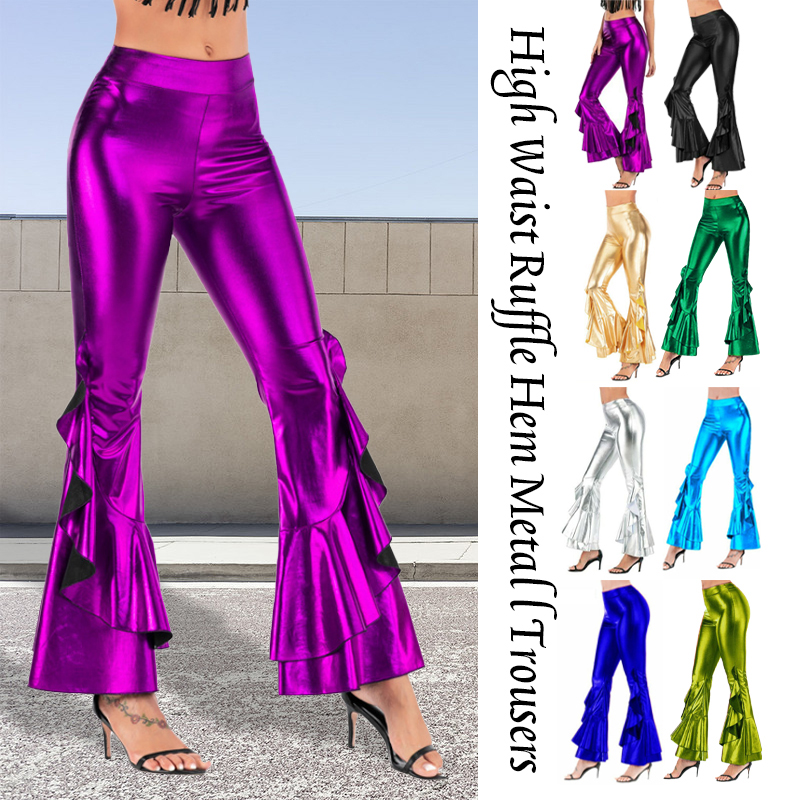 Women Shiny Flare Trousers Met - Wide Leg Trouser 70S ulasan dan harga
