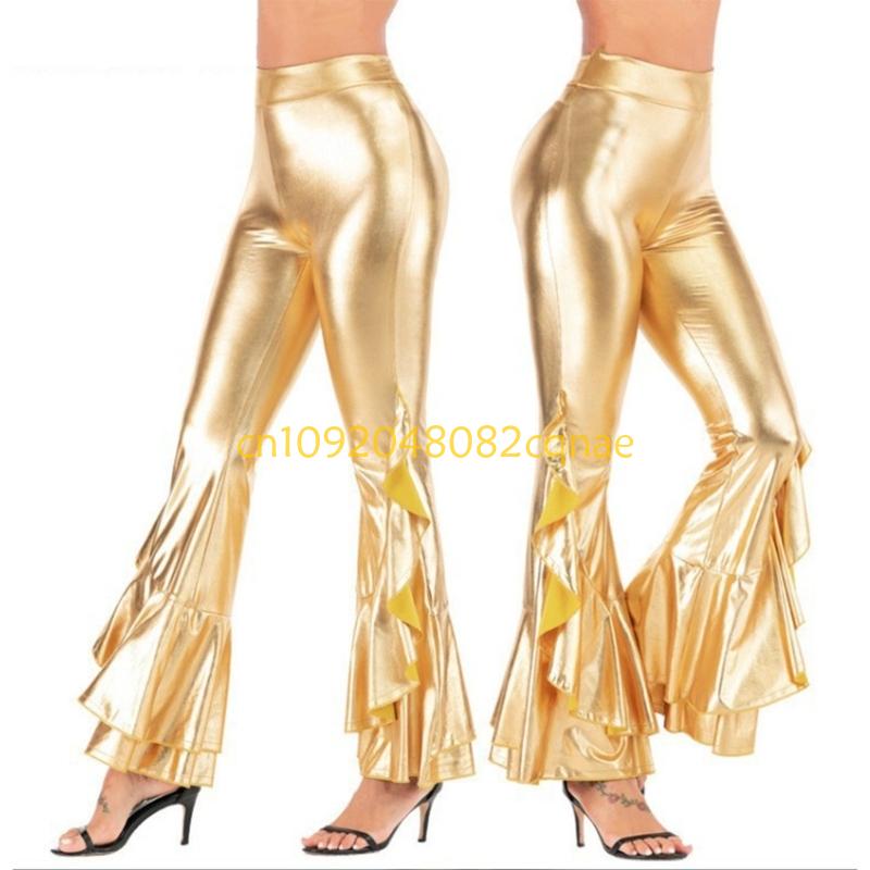 Women Glossy Metallic Flared T - Wide Leg Trouser 70S ulasan dan harga